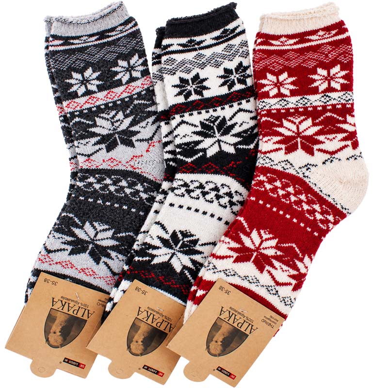 Șosete din lână de oaie Alpaca pentru damă, 3 buc, Model norvegian Fulg