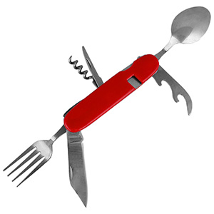 Cuțit turistic cu tacâmuri roșu