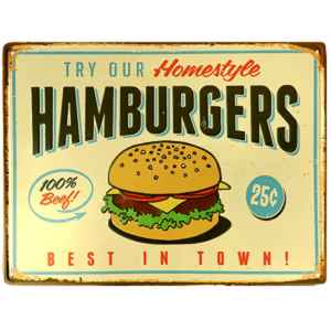 Tablă metalică retro, Hamburgers, 30x20cm